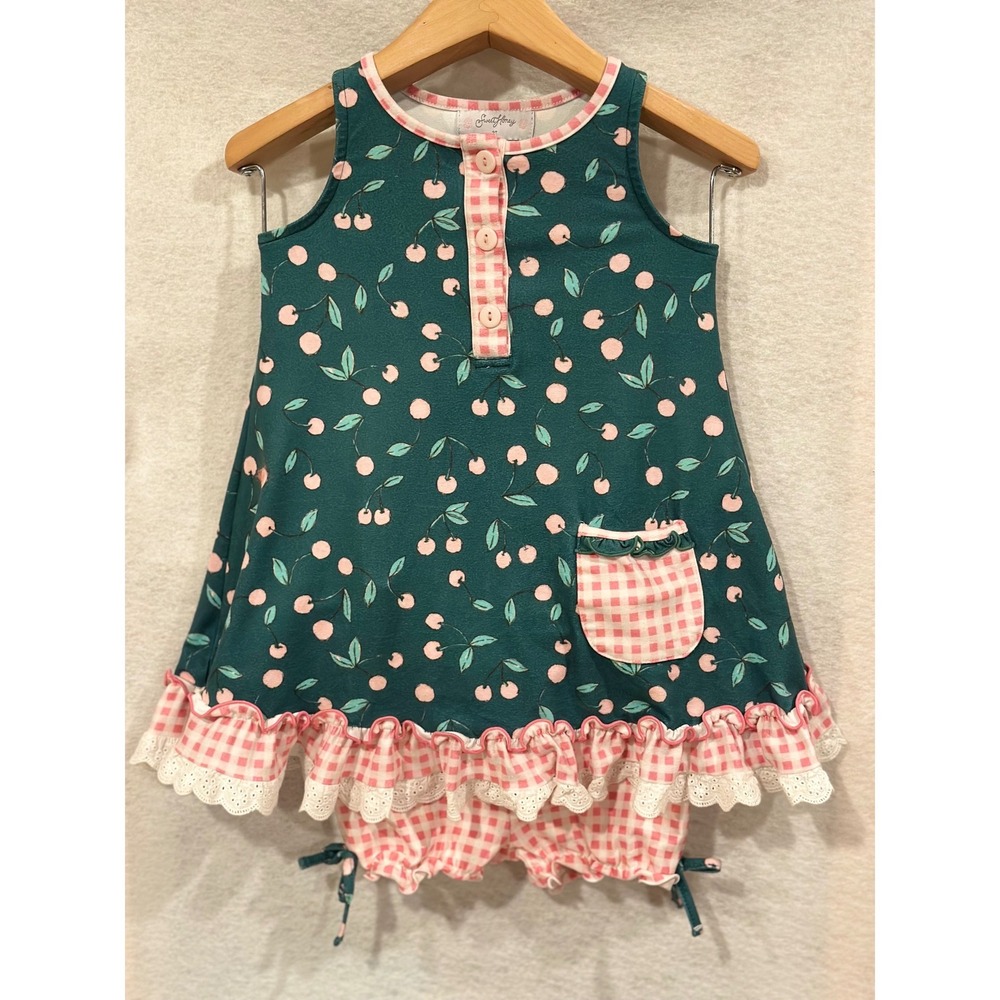 SweetHoney Girls 3T Cherry Gingham Tunic Dress and Ruffle Bloomers Set Teal Pink
